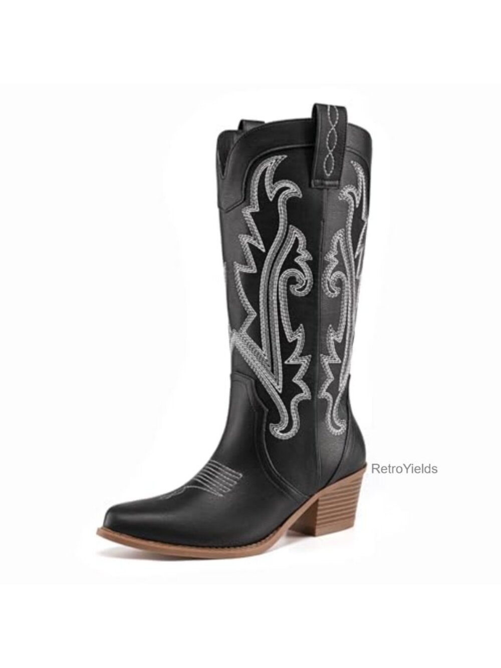 Embroidered Western Cowboy Boots Mid Calf PU Leather Pointed Toe